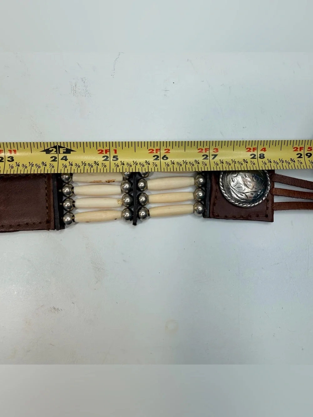 Vintage Western Leather Concho Tie Belt Bone Beads Southwestern Handmade